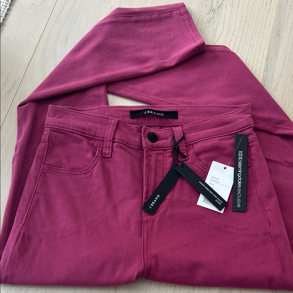 J Brand Alana high rise crop skinny jeans in plum. Soft brushed finish.